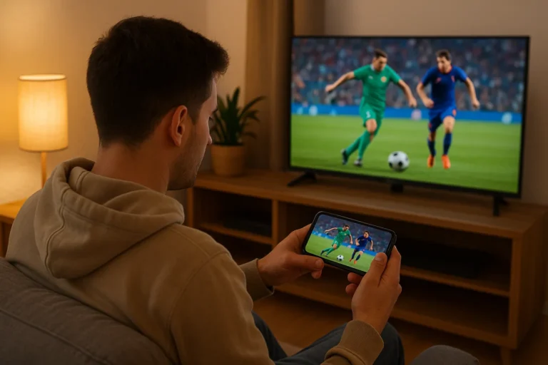 Homem assistindo a um jogo de futebol no celular e na TV ao mesmo tempo, usando um app de TV online em um ambiente aconchegante.