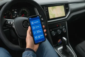 Pessoa dentro de um carro usando um Aplicativo de mecânica no celular, com o painel do veículo e um adaptador OBD2 visíveis.