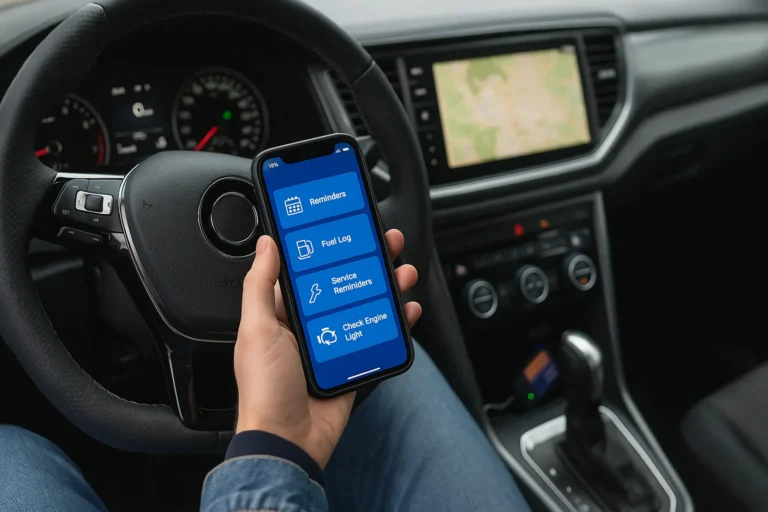 Pessoa dentro de um carro usando um Aplicativo de mecânica no celular, com o painel do veículo e um adaptador OBD2 visíveis.