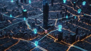 Ilustração tecnológica de uma cidade vista de cima à noite, com linhas de conexão e ícones de localização em azul representando um app para localizar wi-fi