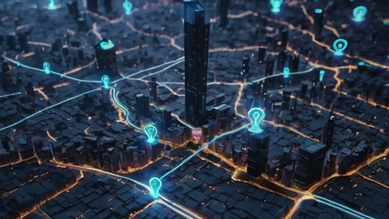 Ilustração tecnológica de uma cidade vista de cima à noite, com linhas de conexão e ícones de localização em azul representando um app para localizar wi-fi