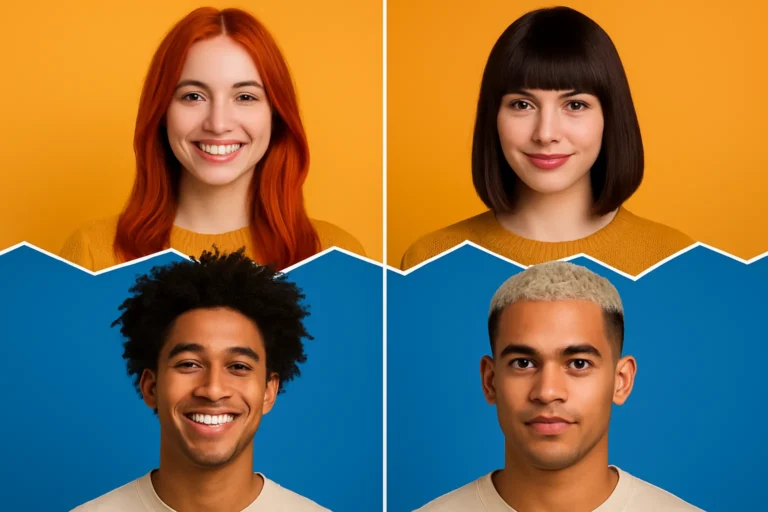 Montagem com quatro fotos mostrando diferentes cortes e cores em um homem e uma mulher, simulados por app para testar cabelos novos