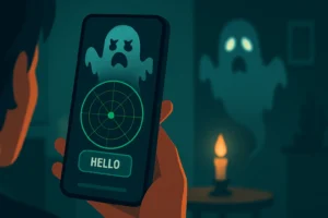 Pessoa segurando celular com um dos apps que detectam fantasmas aberto, mostrando um radar espiritual e um fantasma ao fundo em ambiente escuro.