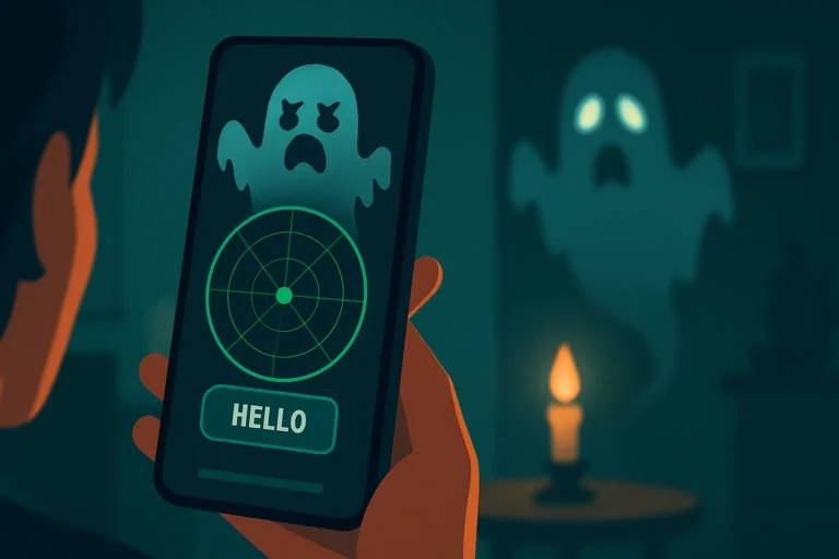 Pessoa segurando celular com um dos apps que detectam fantasmas aberto, mostrando um radar espiritual e um fantasma ao fundo em ambiente escuro.