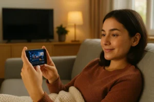 Mulher jovem sentada confortavelmente no sofá assistindo TV ao vivo no celular. Ela sorri levemente enquanto segura o smartphone com as duas mãos. Ao fundo, há uma TV desligada, uma luminária acesa e uma janela iluminada pela luz do dia