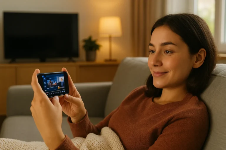 Mulher jovem sentada confortavelmente no sofá assistindo TV ao vivo no celular. Ela sorri levemente enquanto segura o smartphone com as duas mãos. Ao fundo, há uma TV desligada, uma luminária acesa e uma janela iluminada pela luz do dia