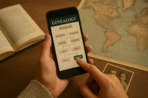 Pessoa pesquisando em um celular como descobrir sua árvore genealógica, com fotos antigas, mapa e documentos sobre a mesa.