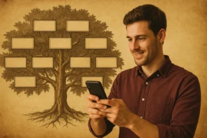 Homem sorridente usando o celular com uma árvore genealógica vintage ao fundo, representando a experiência de descubrir sua árvore genealógica.