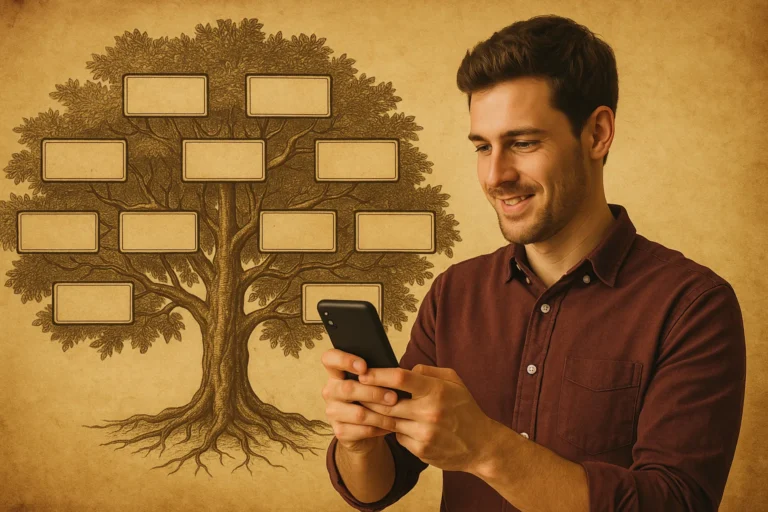 Homem sorridente usando o celular com uma árvore genealógica vintage ao fundo, representando a experiência de descubrir sua árvore genealógica.