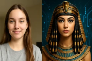 Comparação lado a lado de uma jovem em foto comum e sua versão transformada em Cleópatra por IA, representando a tecnologia de IA que faz fotos se mexerem