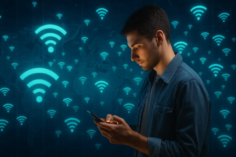 Pessoa usando o celular enquanto está cercada por uma grande rede de sinais Wi-Fi em um ambiente futurista, representando o acesso a Wi-fi grátis em qualquer lugar.