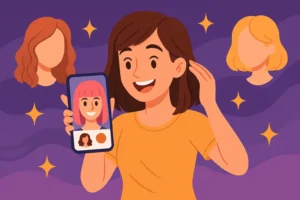 Ilustração de mulher sorrindo enquanto testa aplicativo para mudar o cabelo com cortes e cores no celular, com fundo colorido e estilos flutuantes ao redor