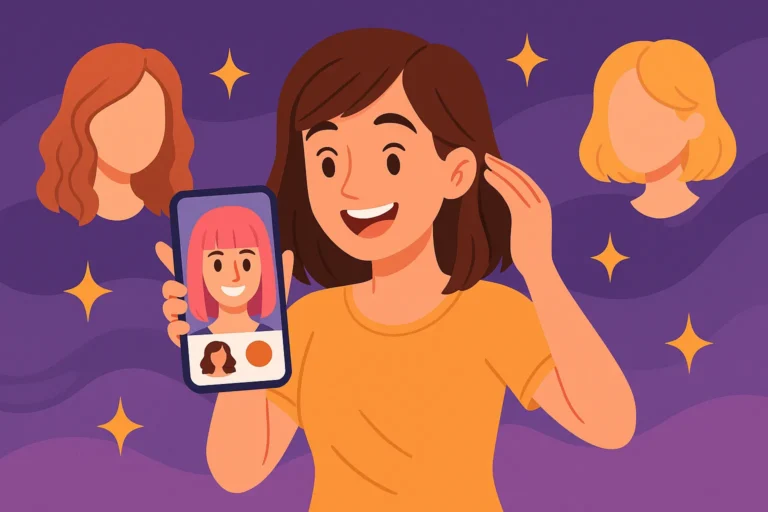 Ilustração de mulher sorrindo enquanto testa aplicativo para mudar o cabelo com cortes e cores no celular, com fundo colorido e estilos flutuantes ao redor