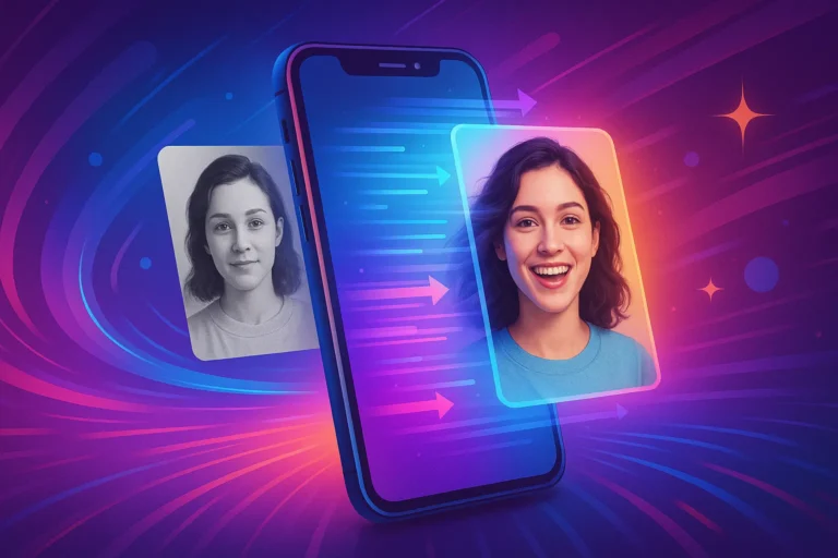 Ilustração colorida e futurista de um celular exibindo uma animação de rosto, representando um aplicativo que faz fotos se mexerem.