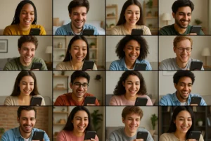 Jovens sorrindo enquanto usam o celular em suas casas, conectados por um App de bate-papo grátis para fazer novas amizades online.