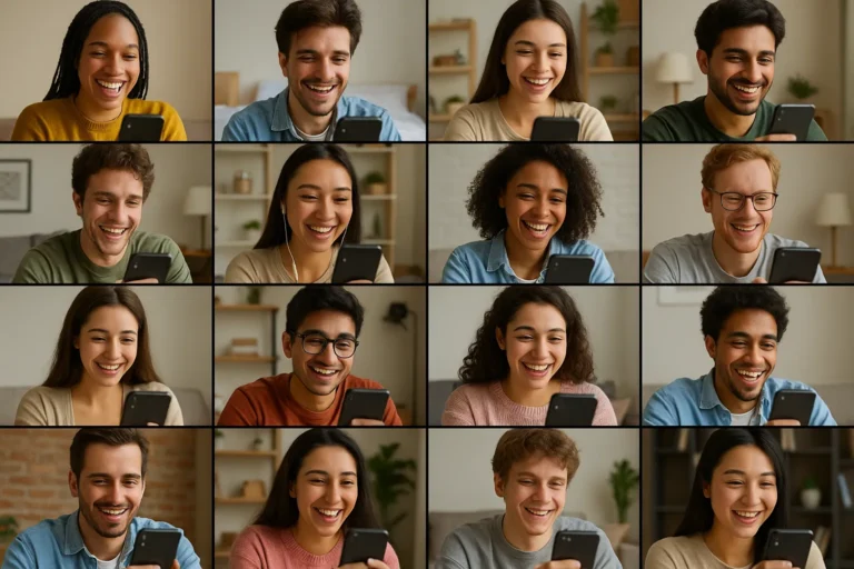Jovens sorrindo enquanto usam o celular em suas casas, conectados por um App de bate-papo grátis para fazer novas amizades online.