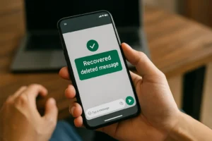 Pessoa segurando um smartphone usando um app para recuperar conversas apagadas em aplicativos de mensagens como WhatsApp e Messenger.