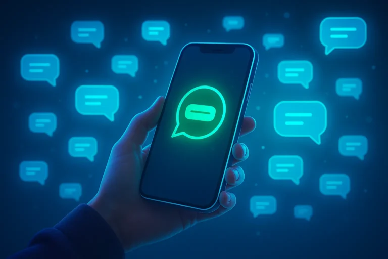 Ilustração futurista de uma pessoa segurando um smartphone, cercado por balões de conversa brilhantes, representando um app para ver o que apagaram no WhatsApp.