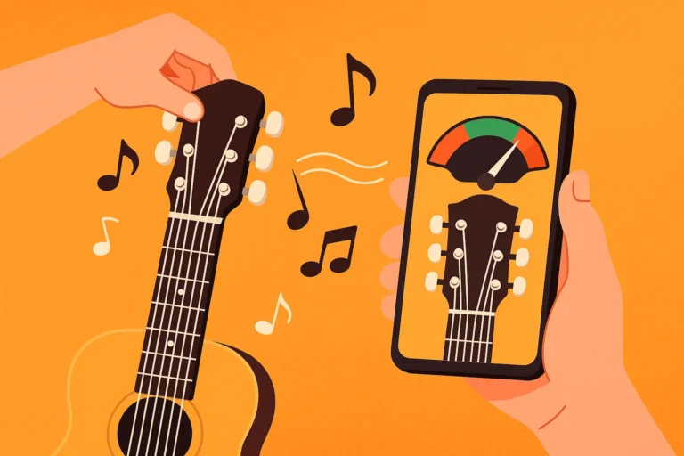 Ilustração divertida de uma pessoa utilizando um app para afinar um violão. Notas musicais flutuam entre o instrumento e a tela do smartphone, criando um clima leve e musical.