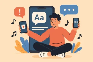 Pessoa usando um app para aprender inglês no celular, rodeada por elementos coloridos e notas musicais, em uma cena divertida e leve