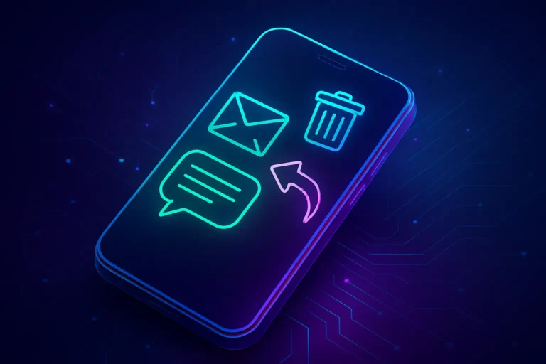 Imagem futurista de um smartphone com ícones de mensagem, envelope, lixeira e seta de retorno em neon, representando um app para recuperar mensagens.