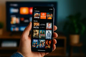 Pessoa segurando um smartphone com apps de filmes e séries grátis abertos na tela, enquanto uma TV ligada aparece ao fundo em uma sala de estar aconchegante e colorida.