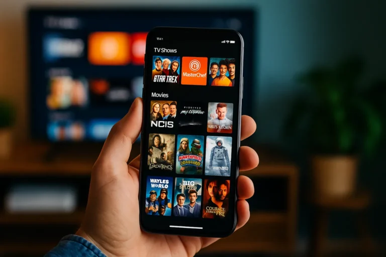 Pessoa segurando um smartphone com apps de filmes e séries grátis abertos na tela, enquanto uma TV ligada aparece ao fundo em uma sala de estar aconchegante e colorida.