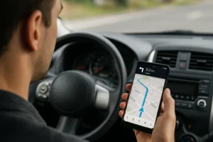 Homem dirigindo enquanto usa app de GPS que funciona offline no smartphone, mostrando uma rota detalhada em um cenário realista visto do banco do passageiro.