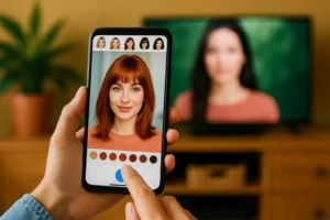 Pessoa segurando um smartphone usando apps para testar cabelos novos, mostrando diferentes cortes e cores de cabelo na tela, em um ambiente iluminado e com cores vivas.