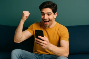 Homem jovem comemorando com um celular na mão, assistindo a um jogo ao vivo em um aplicativo para acompanhar futebol, sorrindo e levantando o punho em sinal de vitória.