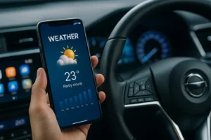 Pessoa segurando celular com aplicativo para ver clima e temperatura, exibindo previsão de 23 graus e céu parcialmente nublado dentro de um carro moderno.