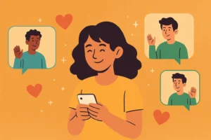 Ilustração de pessoas conversando pelo celular simbolizando conexão global em um app de amizade online grátis.