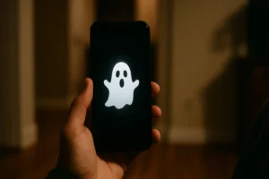 Pessoa segurando celular com app divertido para caçar fantasmas em ambiente escuro.