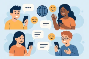 Ilustração de pessoas usando apps de bate-papo para fazer amizade globalmente, com smartphones, balões de conversa e emojis.