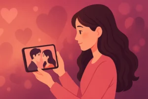Ilustração de mulher assistindo dorama no celular com cores românticas — apps para assistir dorama grátis