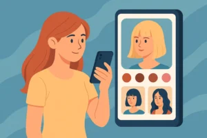 Ilustração de pessoa testando cortes e cores de cabelo em aplicativo no celular, representando o uso de apps para testar novos visuais.