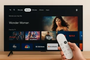 Controle remoto do Google Chromecast apontado para uma TV moderna exibindo a interface do Google TV, ideal para Assistir filmes e séries no Google TV com mais de 800 canais grátis.