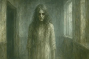 Cena assustadora de caça fantasmas com aplicativo grátis, mostrando uma figura fantasmagórica em um corredor escuro e sombrio.