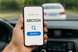 Pessoa segurando celular no carro para consultar multas grátis pelo celular, exibindo tela de busca por placa de veículo.