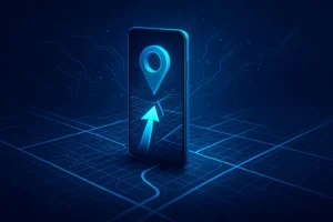 Imagem futurista e tecnológica mostrando um smartphone com mapa 3D e ícone de localização, representando um GPS com rotas offline.