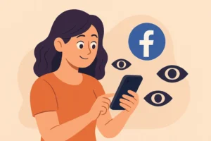 Ilustração de uma mulher usando o celular com ícones de olhos e logo do Facebook ao fundo, representando app de identificar visitantes do seu perfil