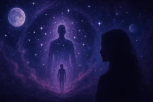 Imagem mística representando quem você foi em vidas passadas, com uma mulher observando um portal em forma de silhueta humana cercado por estrelas e nuvens cósmicas em tons de roxo, azul e rosa.