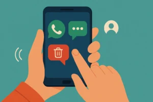 Ilustração de um celular mostrando balões de conversa do WhatsApp, com destaque para ícone de mensagem apagada, simbolizando app que ajuda a recupere mensagens apagadas e garante segurança familiar.