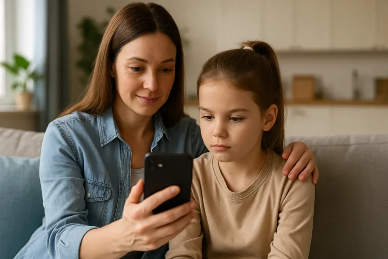 Mãe usando um app de controle parental no celular junto com a filha para garantir segurança digital e navegação segura.