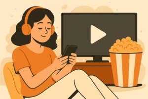 Ilustração de uma mulher com fones de ouvido assistindo filme no celular, representando app de filmes grátis e sem anúncios.