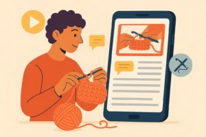 Ilustração de pessoa usando apps para aprender crochê, segurando agulha e novelo de lã enquanto acompanha tutorial no celular.