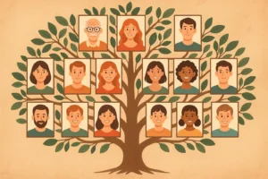 Ilustração de uma árvore genealógica com rostos de pessoas em diferentes gerações, representando conexões familiares. Descubra sua árvore genealógica pelo sobrenome.