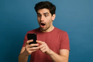 Homem surpreso segurando um celular, com expressão de espanto, como se tivesse acabado de descobrir quem está espionando seu perfil no Facebook.
