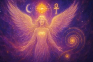 Ilustração mística e colorida representando a ideia de descobrir quem você foi em outra vida, com símbolos espirituais e cósmicos