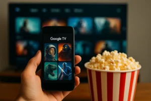 Mão segurando celular com Google TV mostrando pôsteres fictícios de filmes, ao lado de um balde de pipoca, com TV desfocada ao fundo e 800 canais liberados.